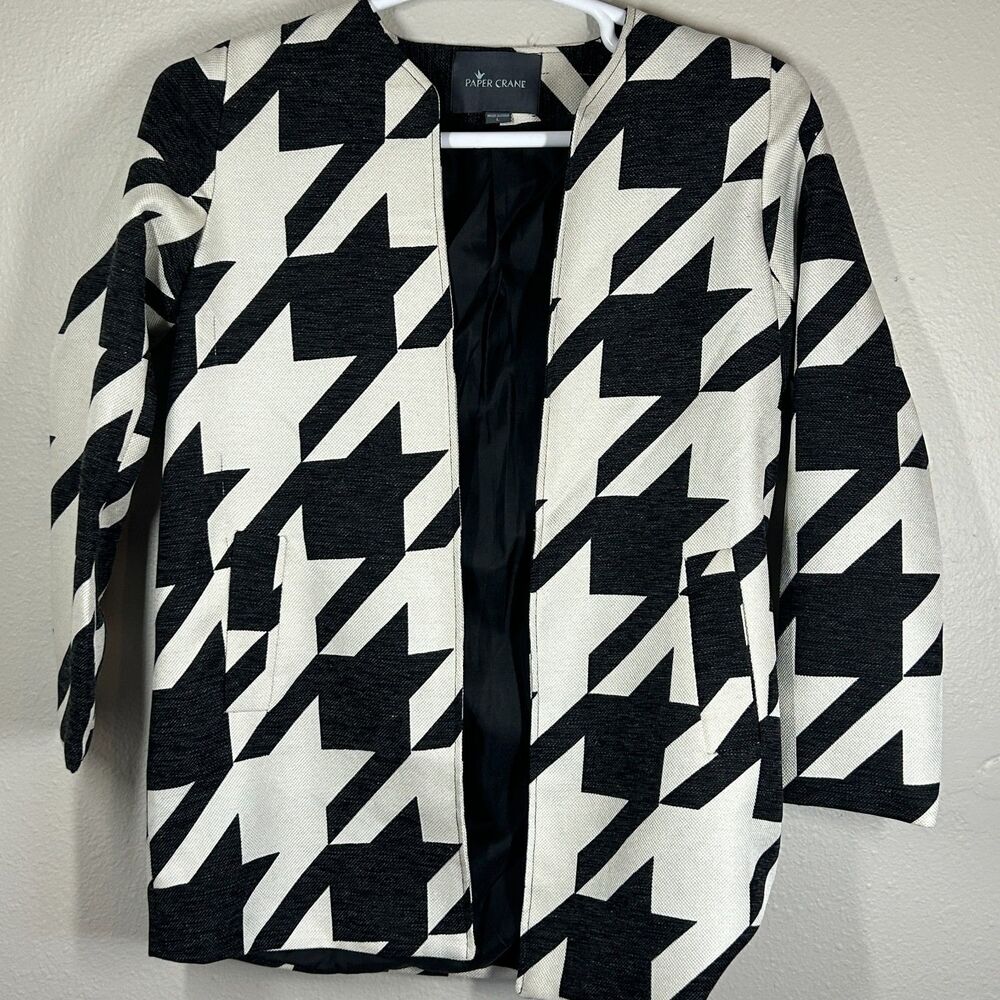 Women's Paper Crane Black White Geometric Print Open Front Jacket Size L